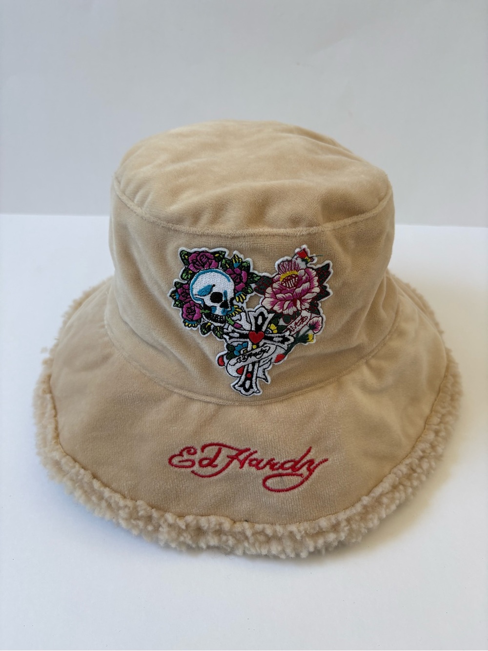 Ed Hardy Y2K Beige Sherpa Lined Roses Skull Bucket Hat Skater Grunge Punk Tan